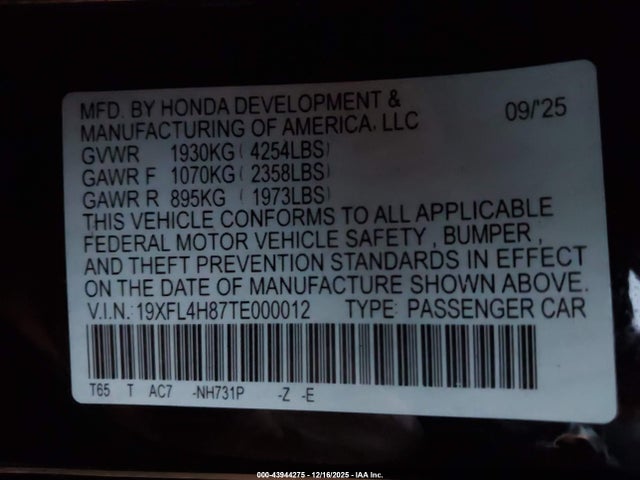 19XFL4H87TE000012 Honda Civic Hybrid Sport