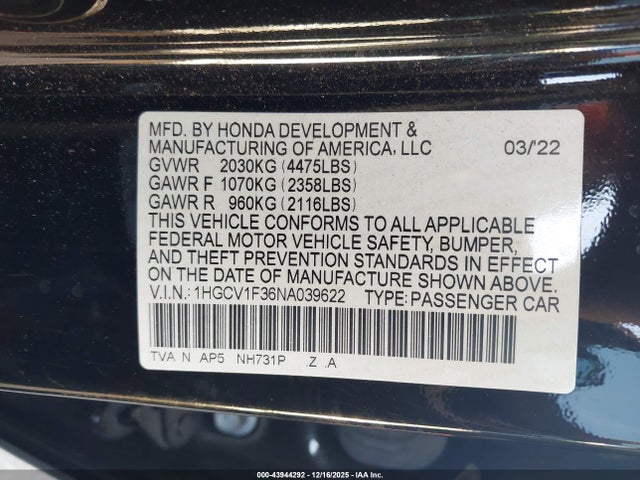 1HGCV1F36NA039622 Honda Accord Sport