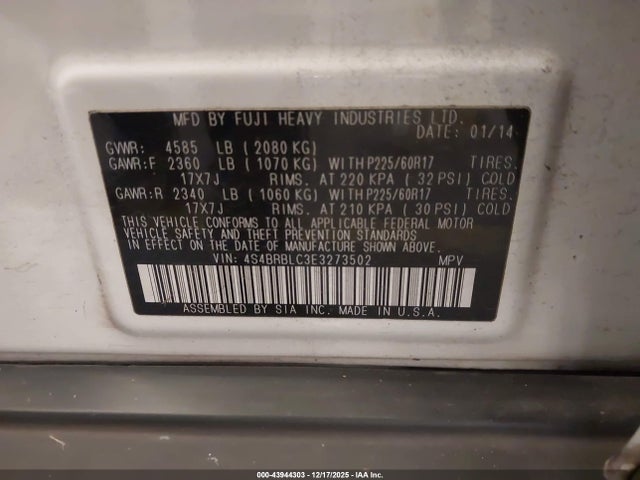 4S4BRBLC3E3273502 Subaru Outback 2.5i Limited