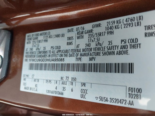 1FMCU9GD3HUA95085 Ford ESCAPE SE