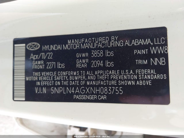 5NPLN4AGXNH083755 Hyundai ELANTRA SEL