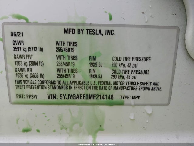 2021 TESLA MODEL Y 5YJYGAEE0MF214146 Photo 8