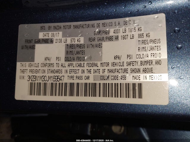 Auction sale of the 2018 Mazda Mazda3 Grand Touring, vin: 3MZBN1M30JM169547, lot number: 43944455