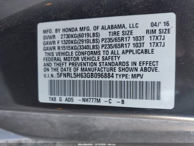 Honda Odyssey Ex-l 2016 5FNRL5H63GB096884 Image 9