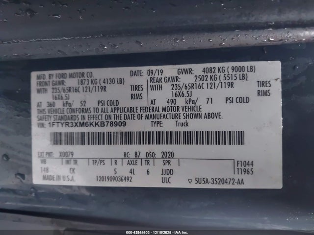 1FTYR3XM6KKB78909 Ford Transit-250