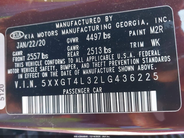5XXGT4L32LG436225 KIA Optima Lx