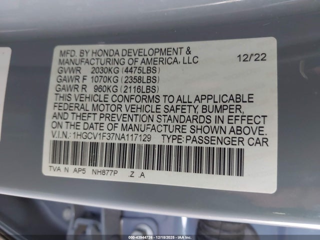 Honda l15be 2022 1HGCV1F37NA117129 Image 9