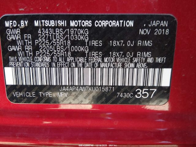 2019 MITSUBISHI OUTLANDER SPORT JA4AP4AW7KU015871 Photo 8