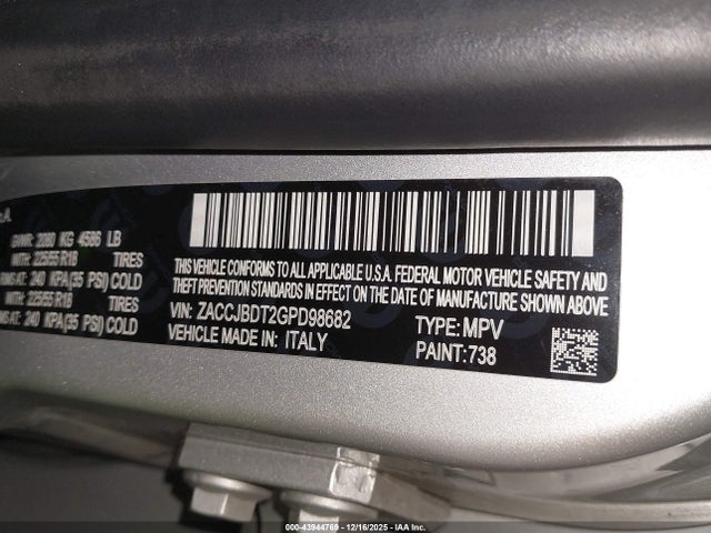Продаж на аукціоні авто 2016 Jeep Renegade Limited, vin: ZACCJBDT2GPD98682, номер лоту: 43944769