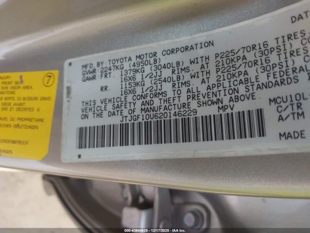 Aukcja sprzedaży 2002 Lexus Rx 300, vin: JTJGF10U620146229, numer aukcji: 43944925