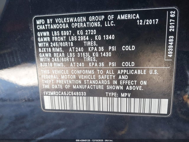 1V2MR2CA5JC548033 Volkswagen Atlas 3.6l V6 Sel