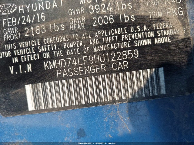 KMHD74LF9HU122859 Hyundai ELANTRA SE
