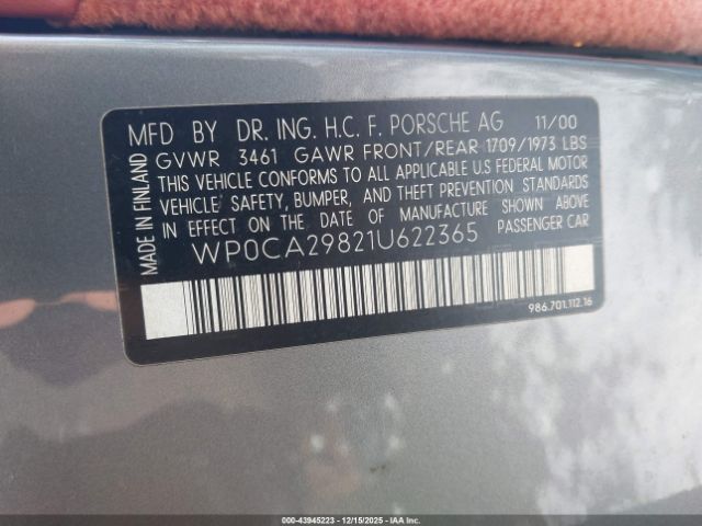 2001 PORSCHE BOXSTER WP0CA29821U622365 Photo 8