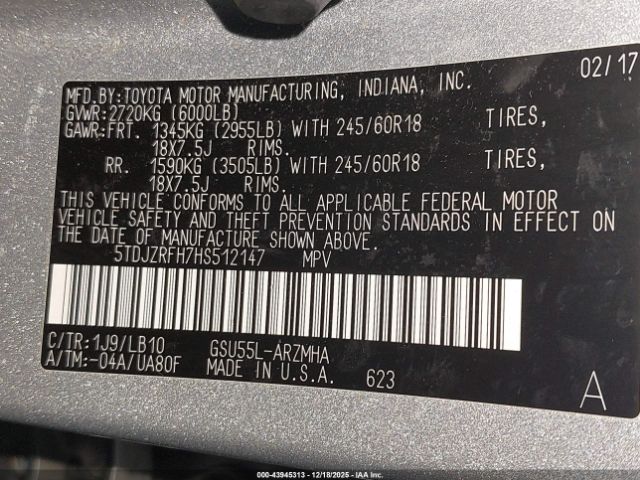 2017 TOYOTA HIGHLANDER 5TDJZRFH7HS512147 Photo 8