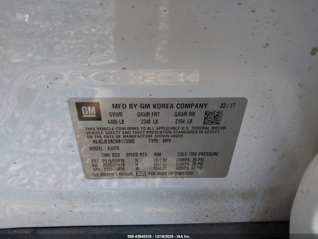 2017 Buick Encore Preferred მანქანა იყიდება აუქციონზე, vin: KL4CJESB2HB173390, აუქციონის ნომერი: 43945335