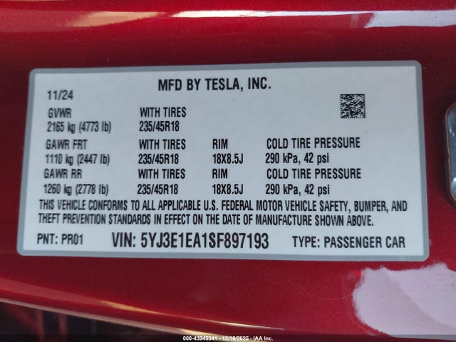 43945341 :رقم المزاد ، 5YJ3E1EA1SF897193 vin ، 2025 Tesla Model 3 Long Range Rear-wheel Drive/standard Rear-wheel Drive مزاد بيع