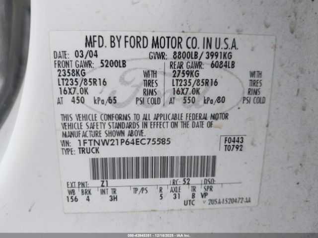 2004 FORD F-250 1FTNW21P64EC75585 Photo 8