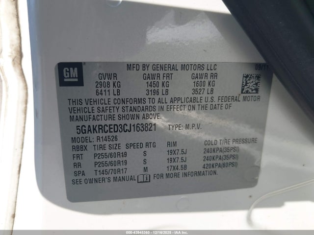 Aukcja sprzedaży 2012 Buick Enclave Leather, vin: 5GAKRCED3CJ163821, numer aukcji: 43945360