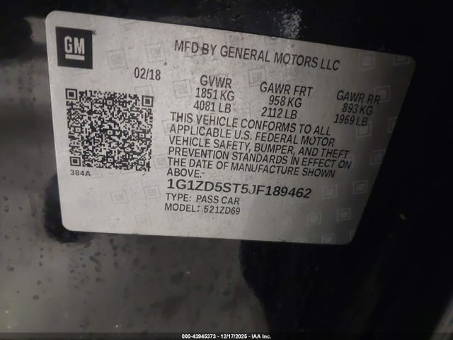 Продаж на аукціоні авто 2018 Chevrolet Malibu Lt, vin: 1G1ZD5ST5JF189462, номер лоту: 43945373