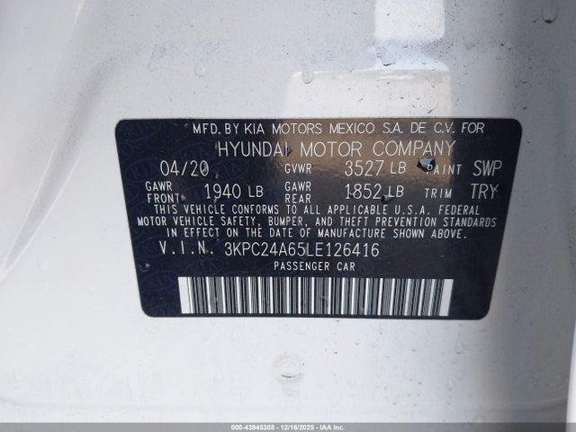 43945388 :رقم المزاد ، 3KPC24A65LE126416 vin ، 2020 Hyundai Accent Se مزاد بيع