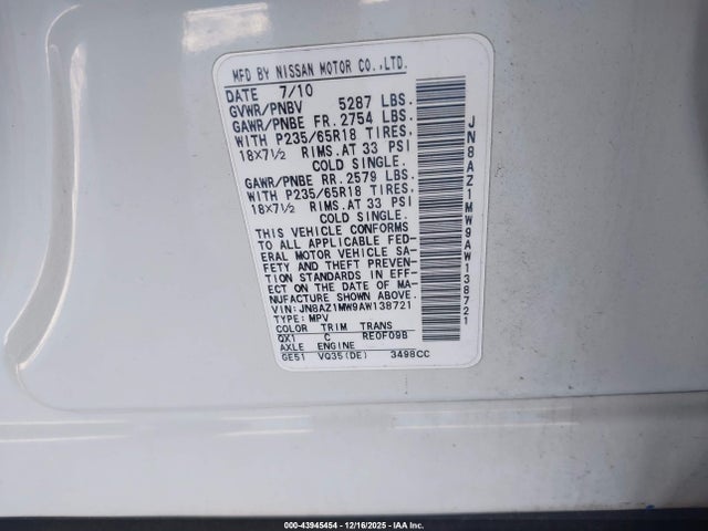 Продаж на аукціоні авто 2010 Nissan Murano Sl, vin: JN8AZ1MW9AW138721, номер лоту: 43945454