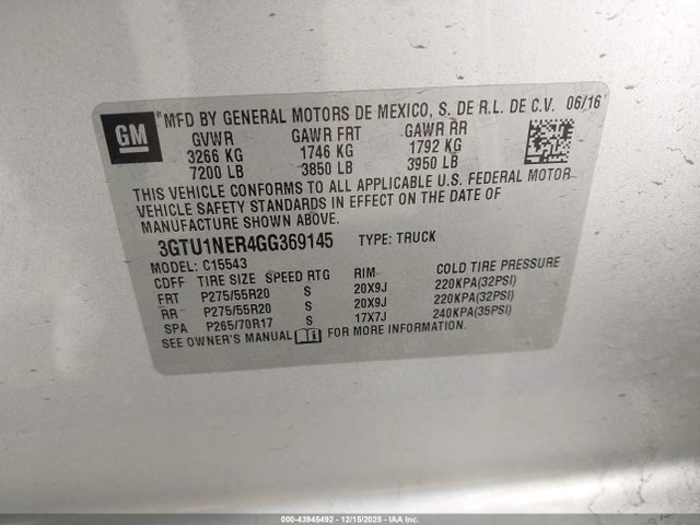 3GTU1NER4GG369145 GMC Sierra 1500 Slt