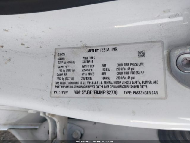 2022 TESLA MODEL 3 5YJ3E1EB3NF182770 Photo 8