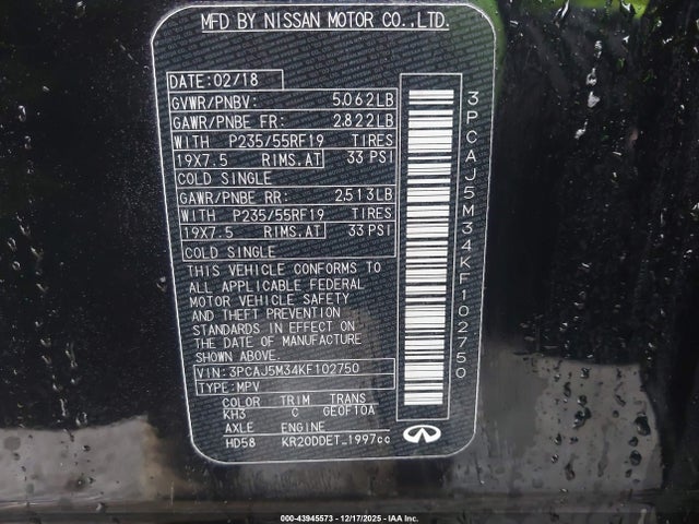 Aukcja sprzedaży 2019 Infiniti Qx50 Essential, vin: 3PCAJ5M34KF102750, numer aukcji: 43945573