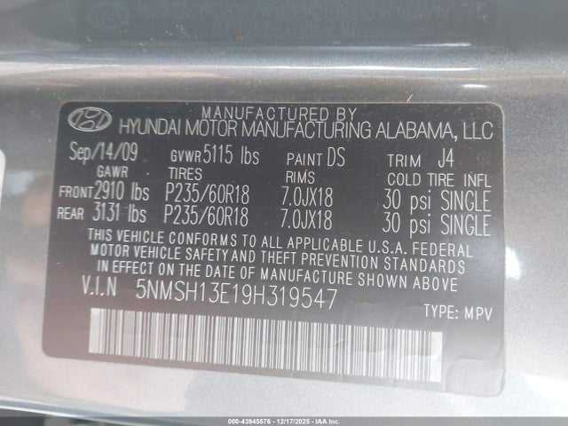 2009 HYUNDAI SANTA FE 5NMSH13E19H319547 Photo 8