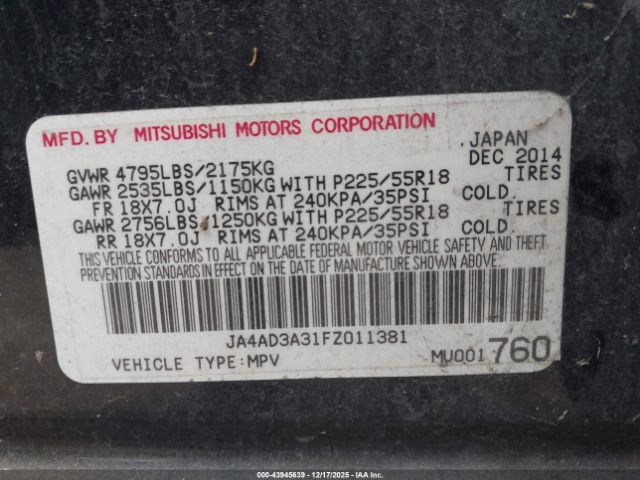 2015 MITSUBISHI OUTLANDER JA4AD3A31FZ011381 Photo 8