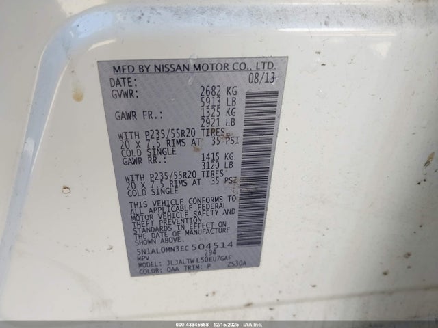 Aukcja sprzedaży 2014 Infiniti Qx60, vin: 5N1AL0MN3EC504514, numer aukcji: 43945658