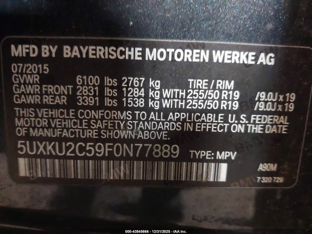 2015 Bmw X6 Xdrive35i მანქანა იყიდება აუქციონზე, vin: 5UXKU2C59F0N77889, აუქციონის ნომერი: 43945666