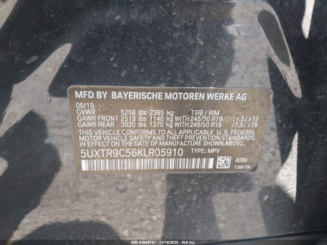 43945767 :رقم المزاد ، 5UXTR9C56KLR05910 vin ، 2019 Bmw X3 Xdrive30i مزاد بيع