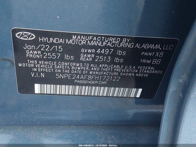 5NPE24AF8FH172122 Hyundai SONATA SE