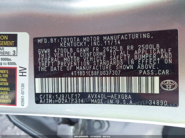 4T1BD1EB8FU037307 Toyota Avalon Hybrid Xle Premium