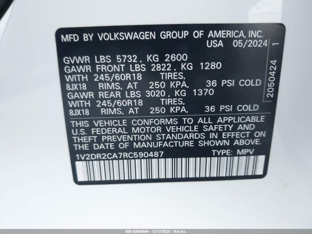 1V2DR2CA7RC590487 Volkswagen Atlas 2.0t Se