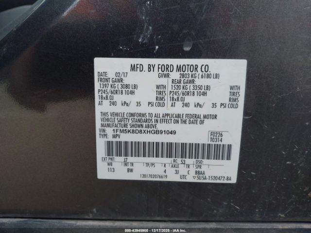 2017 FORD EXPLORER 1FM5K8D8XHGB91049 Photo 8