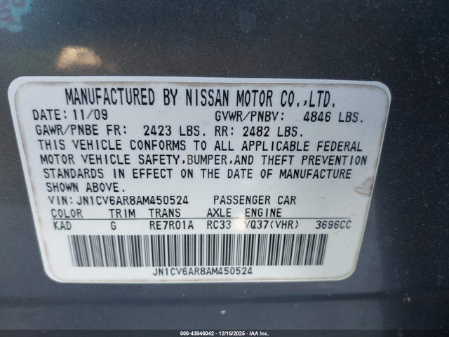 43946042 :رقم المزاد ، JN1CV6AR8AM450524 vin ، 2010 Infiniti G37x مزاد بيع
