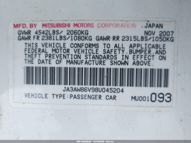 2008 MITSUBISHI LANCER EVOLUTION JA3AW86V98U045204 Photo 8