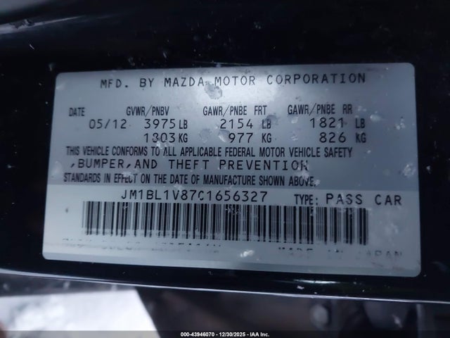 Aukcja sprzedaży 2012 Mazda Mazda3 I Touring, vin: JM1BL1V87C1656327, numer aukcji: 43946070