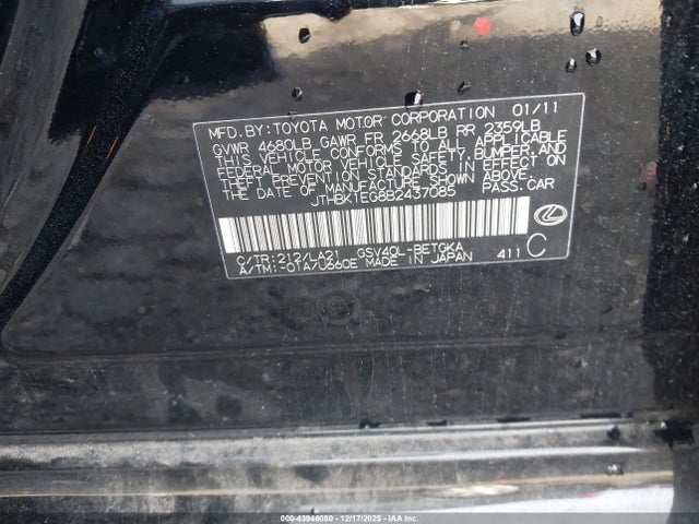 43946080 :رقم المزاد ، JTHBK1EG8B2437085 vin ، 2011 Lexus Es 350 مزاد بيع