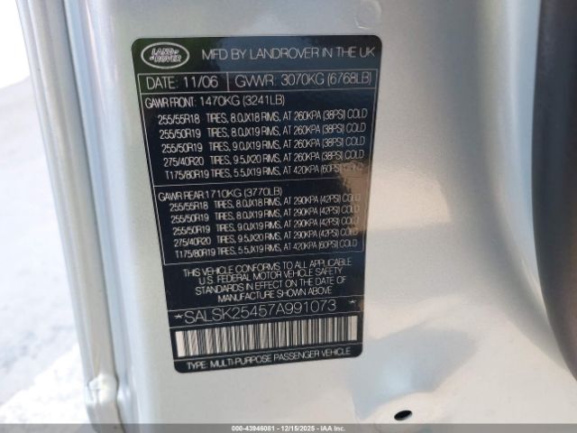 2007 LAND ROVER RANGE ROVER SPORT SALSK25457A991073 Photo 8