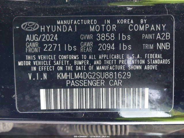 43946087 :رقم المزاد ، KMHLM4DG2SU881629 vin ، 2025 Hyundai Elantra Sel Sport مزاد بيع