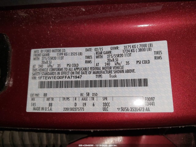 Ford F-150 Platinum 2015 1FTEW1EG0FFA71947 Image 9