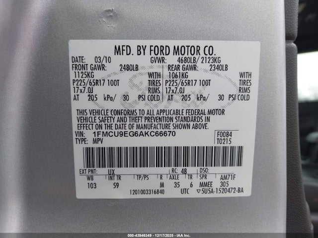 Продаж на аукціоні авто 2010 Ford Escape Limited, vin: 1FMCU9EG6AKC66670, номер лоту: 43946349