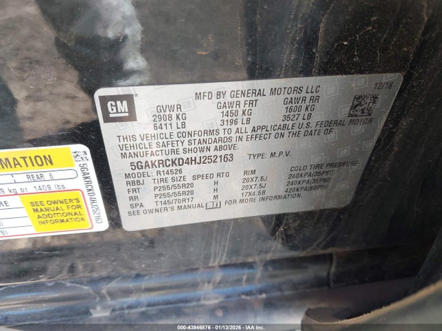 43946876 :رقم المزاد ، 5GAKRCKD4HJ252163 vin ، 2017 Buick Enclave Premium مزاد بيع