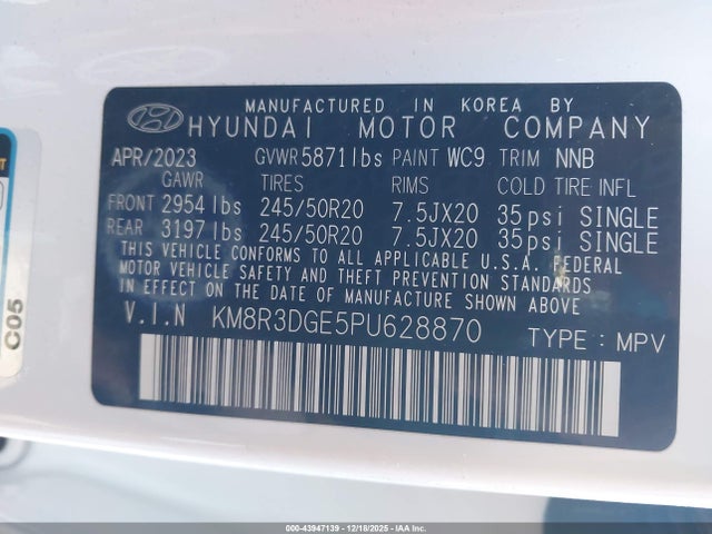 KM8R3DGE5PU628870 Hyundai Palisade Xrt