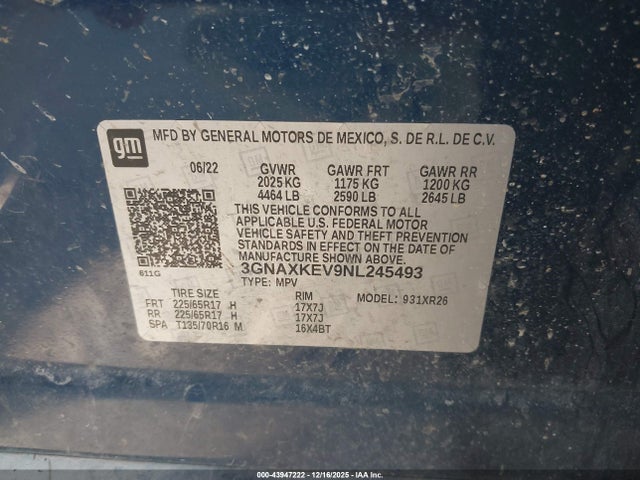 3GNAXKEV9NL245493 Chevrolet Equinox Fwd Lt
