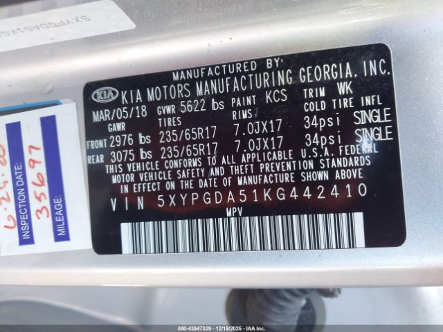 2019 KIA SORENTO 5XYPGDA51KG442410 Photo 8