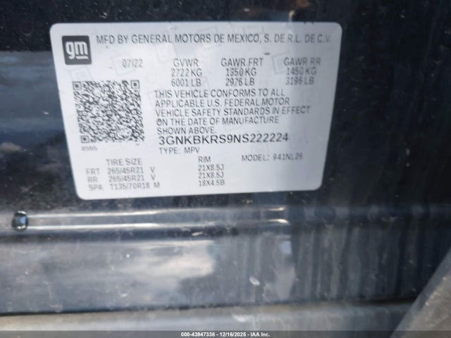43947338 :رقم المزاد ، 3GNKBKRS9NS222224 vin ، 2022 Chevrolet Blazer Awd Rs مزاد بيع